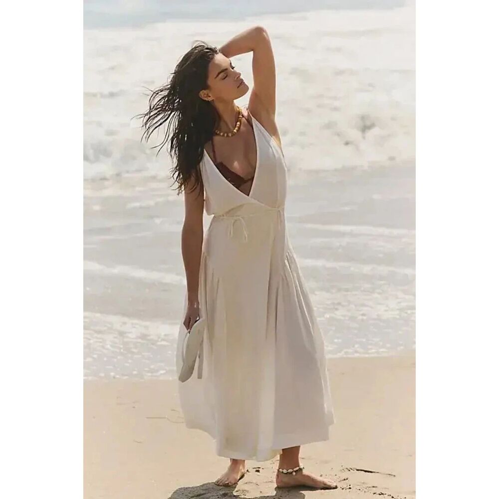 FREE PEOPLE FREE-EST MAISIE MIDI WRAP DRESS TIE SHOULDERS SMALL IVORY Cotton